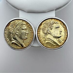 Vintage Napoleon Coin Clip-On Earrings Gold & Silver Tone Round